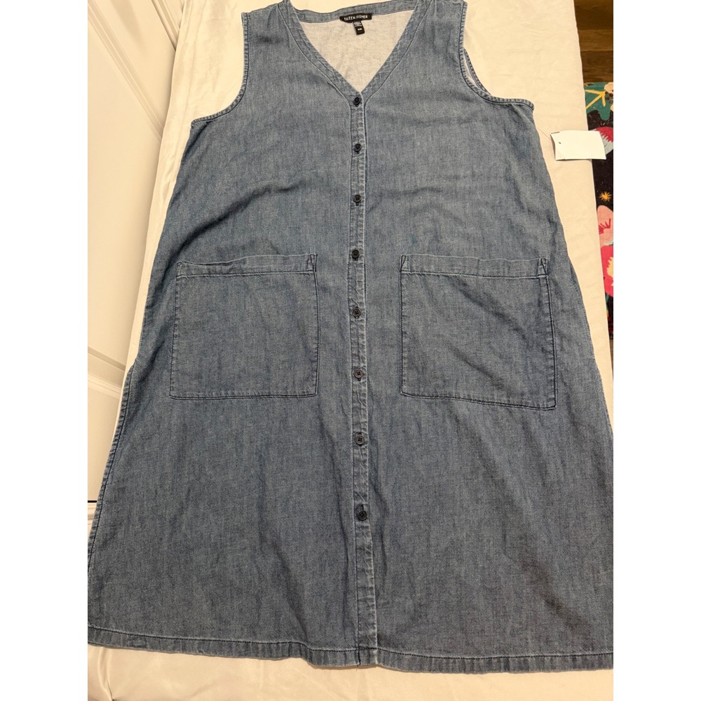 Eileen Fisher Womens Blue Organic Cotton Denim Button Front Midi Dress Size M